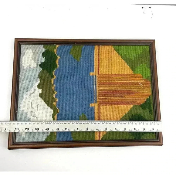 VTG Three Shastas Dam CA Needlepoint Embroidered MCM Fiber Art 12"x16" Framed - Picture 6 of 15